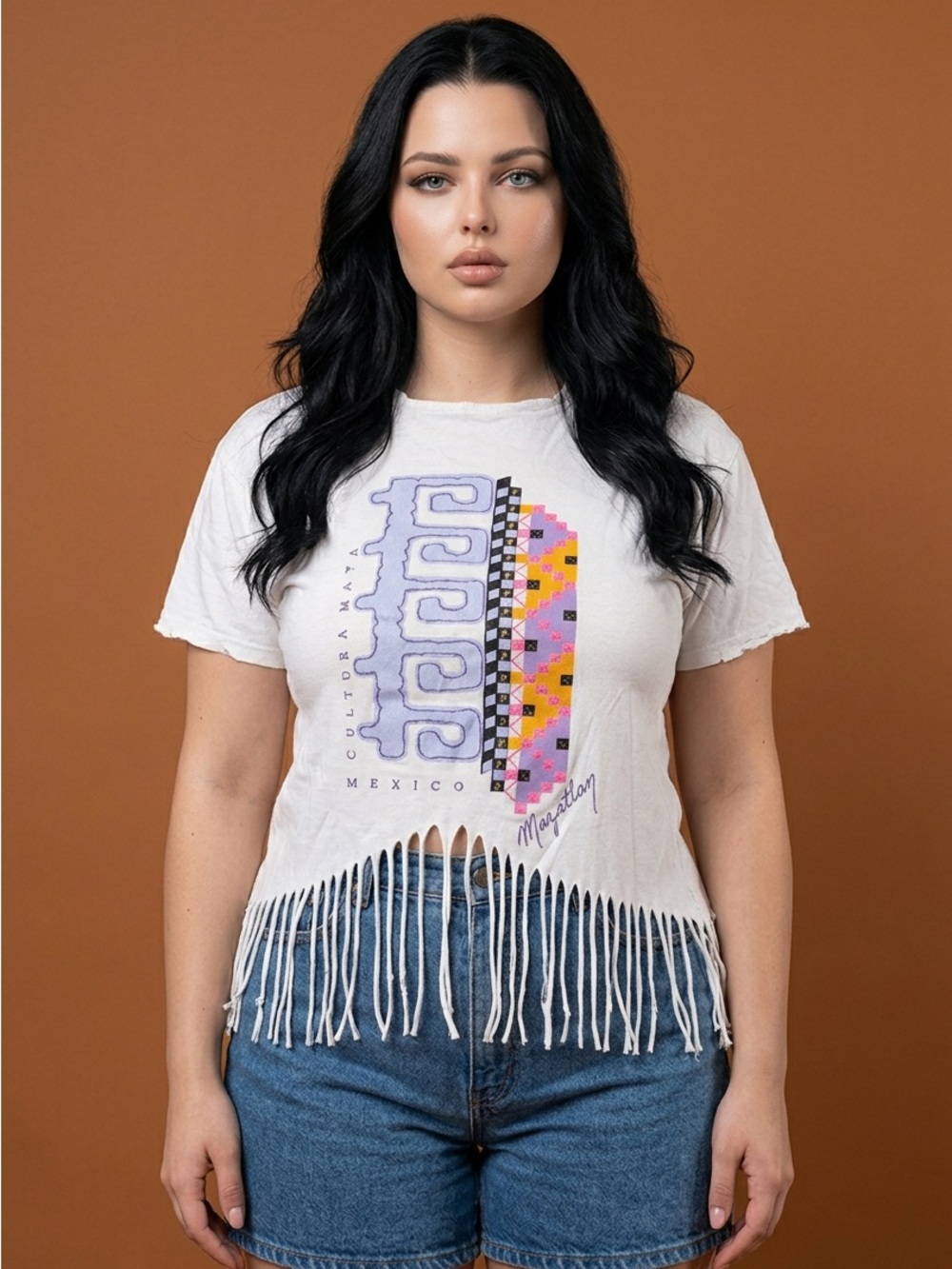Vintage Cultura Maya Mexico Mazatlan Fringe Graphic T-Shirt White Womens Relaxed